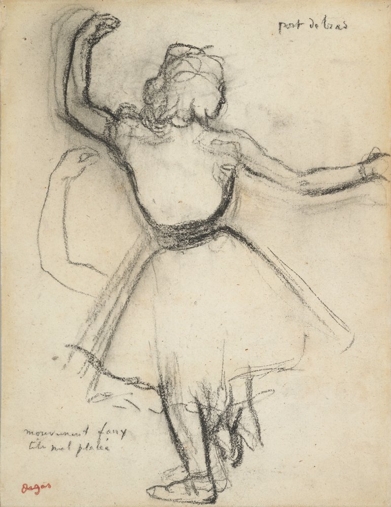 Tanssijatar takaapäin: Port de bras, n. 1875-85 (hiili paperille). tekijältä Edgar Degas