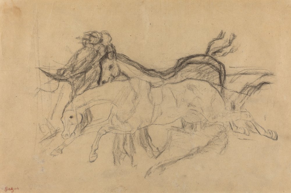 Kilpahevosten tutkimus Scene from the Steeplechase: The Fallen Jockey, c. 1881. tekijältä Edgar Degas