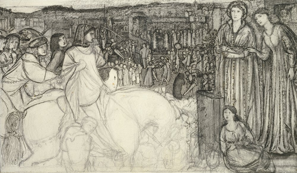 Gualdrada Donati esittelee tyttärensä Buondelmentelle (kynä ja musta muste grafiitilla valkoisella paperilla) tekijältä Edward Burne-Jones