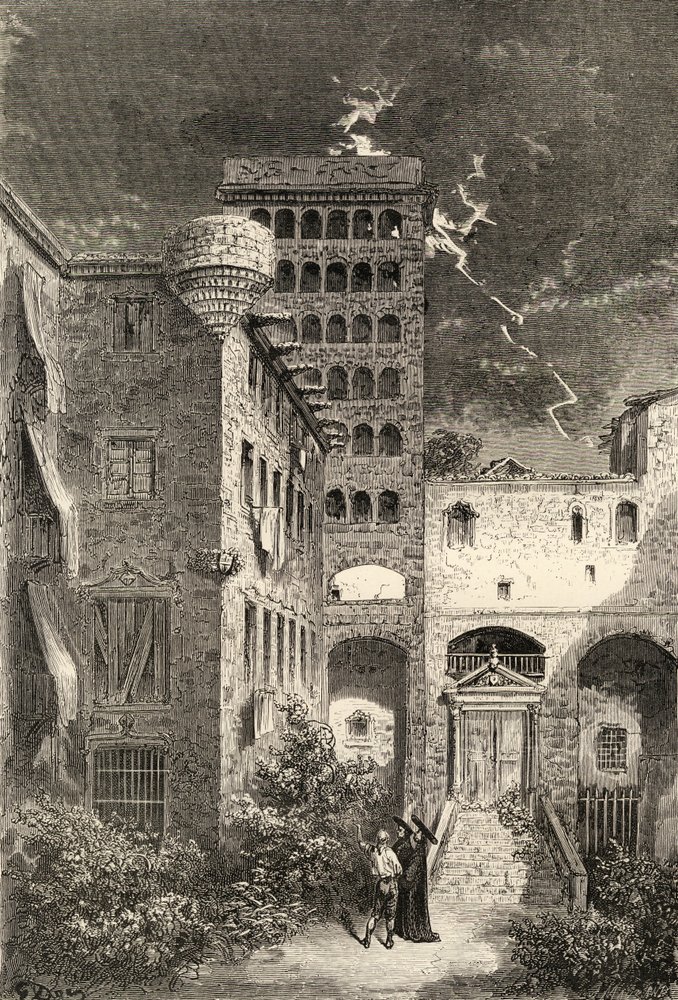 Inkvisition vankila, Barcelona, Espanja, pastori Samuel Manningin "Spanish Pictures" -julkaisusta, julkaistu vuonna 1870 tekijältä English School