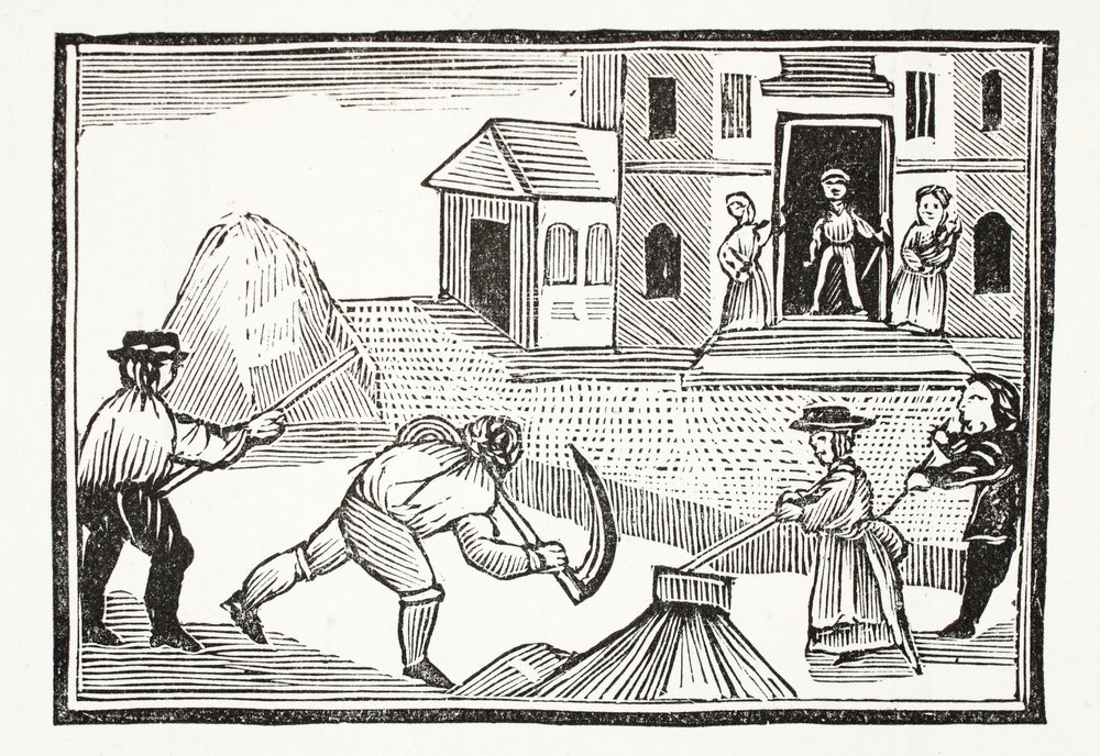 Mies leikkaa ruohoa viikateellä, joka vei kaiken ennen sitä, kuvitus John Ashtonin kirjasta Chap-books of the Eightenth Century, pub. 1882 tekijältä English School