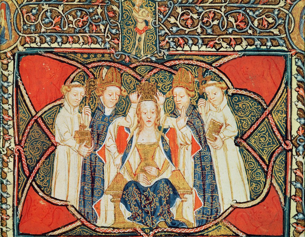 Käsikirjoitus 197, fol. 19v: Kuningattaren kruunaus, Liber Regalis -teoksesta tekijältä English School