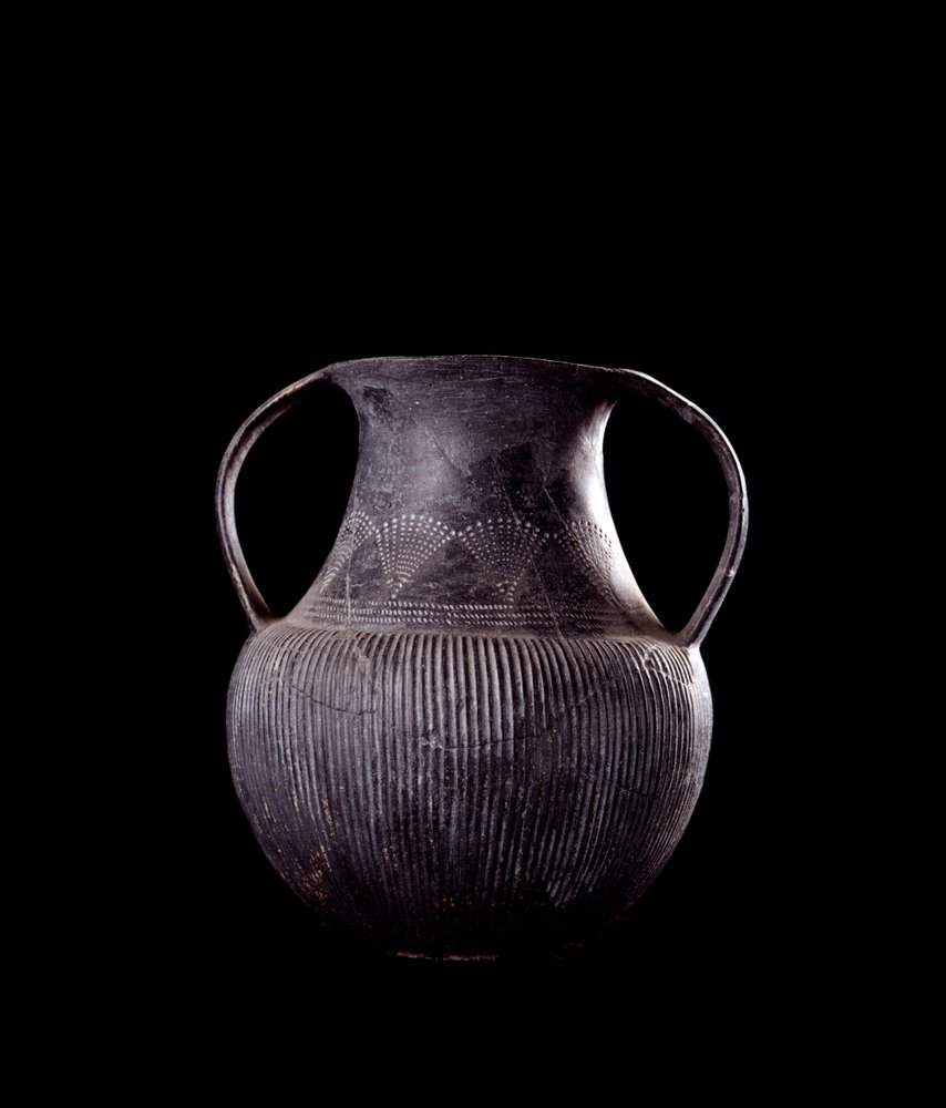 Etruskilainen sivilisaatio: musta bucchero-amfora Vejin Monte Michelen nekropolista, Italia - 600-luku eKr. tekijältä Etruscan