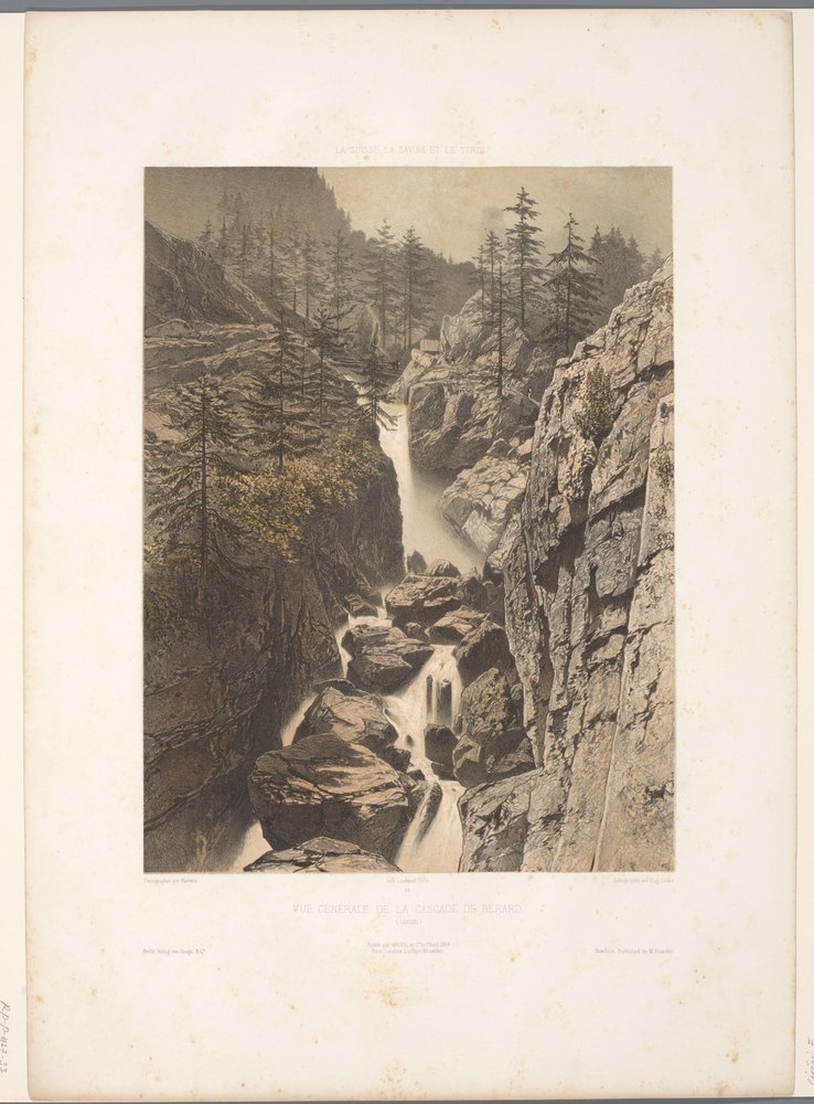 Zicht op de Bérard-waterval Yleisnäkymä Cascade de Bérardista (otsikko esineessä) Gezichten in Zwitserland, Savoy in Tirol (sarjan nimi) Sveitsi, Savoy ja Tiroli (sarjan nimi esineellä) tekijältä Eugene Ciceri
