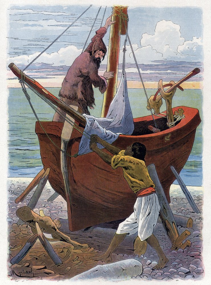 Robinson Crusoe ja Friday rakentavat venettä. tekijältä Felicien baron de Myrbach-Rheinfeld