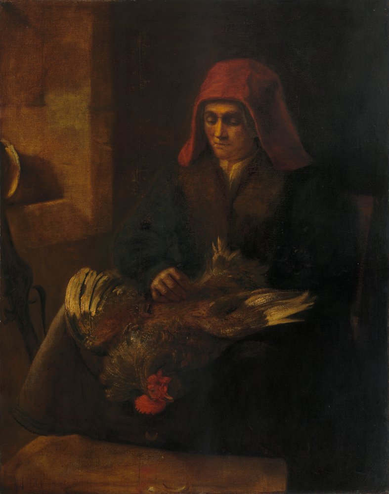 Vanha nainen kynimässä lintua tekijältä Follower of Rembrandt van Rijn