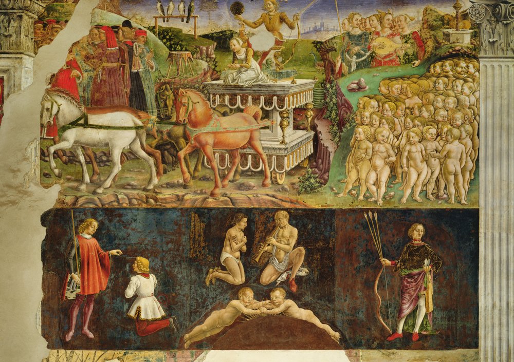 Toukokuun allegoria: Apollonin riemuvoitto, Kaksosten astrologiset symbolit, 1469-70 tekijältä Francesco del Cossa