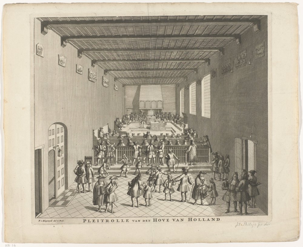 Hollannin tuomioistuimen istunto, noin 1700 Hollannin Pleitrolle van den Hove (otsikko esineessä) tekijältä François van Bleyswijck