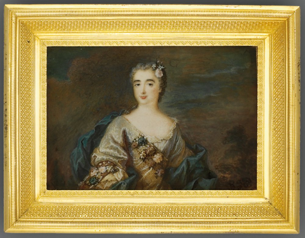 Nainen nimeltä Louise-Jeanne de Durfot, Duchesse de Mazarin et de la Meilleraye, n. 1750 (vesiväri norsunluun) (katso myös 1630586) tekijältä French School