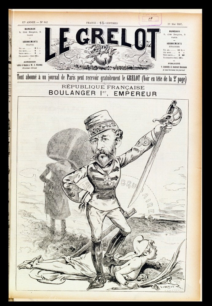Keisari Boulanger Ensimmäinen, pilakuva Le Grelot'n kansilehdeltä, 29. toukokuuta 1887 tekijältä French School