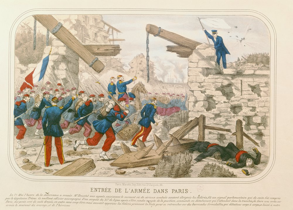 Armeijan sisäänkäynti Pariisiin, 21. toukokuuta 1871 (värinen kaiverrus) tekijältä French School