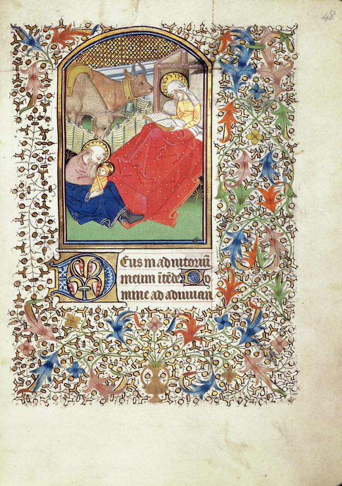 Käsikirjoitus 69, fol. 48r, Jeesuksen syntymä, "Jacques de Besançonin mestarin" tuntien kirjasta tekijältä French School
