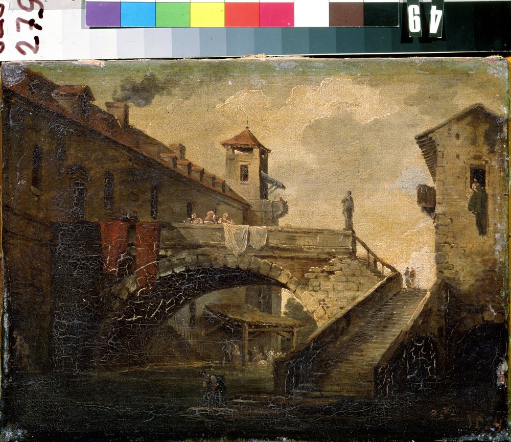 ""Maisema ranskalaisessa kylässä"" Silta ja joki suositulla alueella. Ranskan koulumaalaus. 1700-luvun alun Mikhail Kroshitskyn taidemuseo, Sevastopol (Sevastopol) Ukraina tekijältä French School