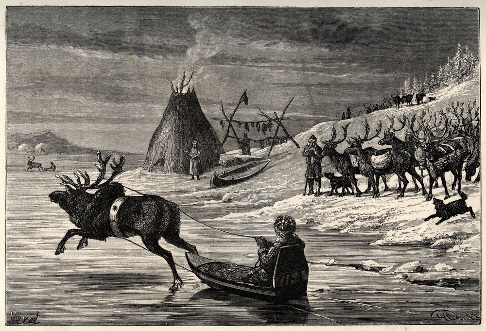 Porolauma Lapissa - kaiverrus Arthur Manginin teoksesta "Mies ja Bete" - 1872 - tekijältä French School