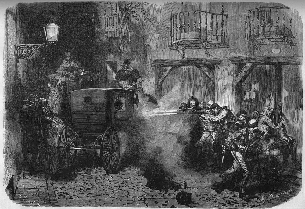 Espanjalaisen kenraalin ja poliitikon Juan Prim y Pratsin (1814-1870) murhaaminen hänen poistuessaan Cortesista Calle del Turcolla Madridissa 28. joulukuuta 1870. Kaiverrus julkaisussa "Le Monde Illustré", nro 724, 25. helmikuuta 1871. tekijältä French School