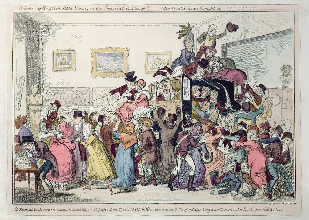 "Englannin mehiläisparvi pesäilee Imperial Carriagessa!! - Kuka olisi uskonut sitä" tai "Scene at the London Museum, Piccadilly", 1800-luku tekijältä George Cruikshank