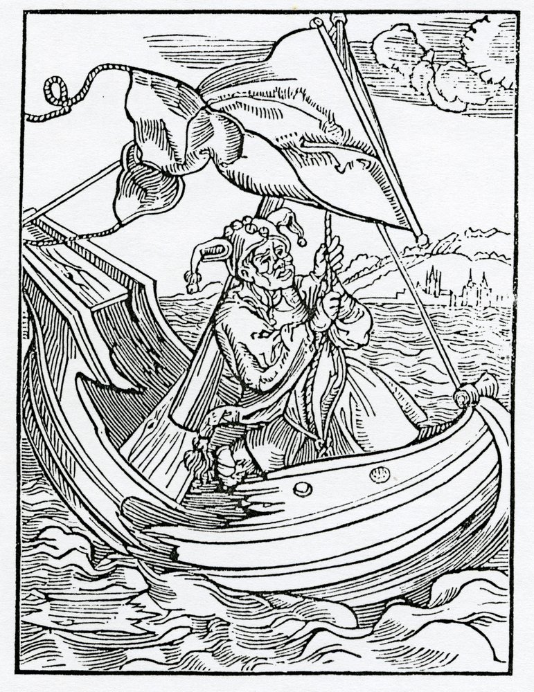 Of the despysynge of mysfortune, kuvitus Alexander Barclayn englanninkielisestä käännöksestä "The Ship of Fools", vuonna 1874 julkaistusta painoksesta. tekijältä German School