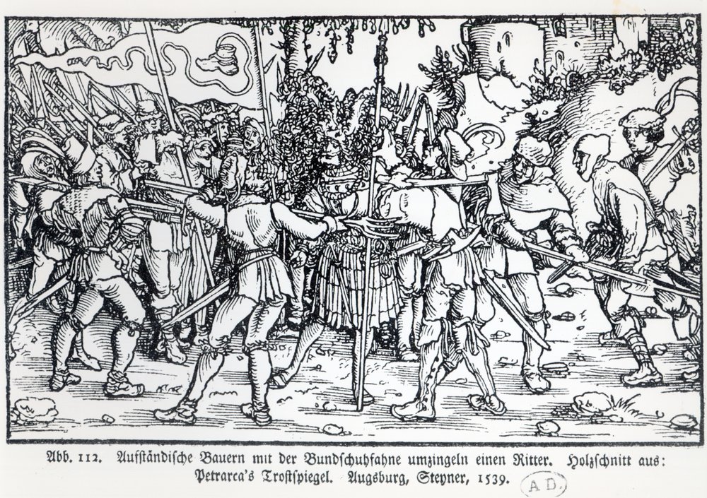 Kapinalliset talonpojat ritari ympärillä, Petrarchin Trostspiegelin kuvituksesta, 1539 tekijältä German School