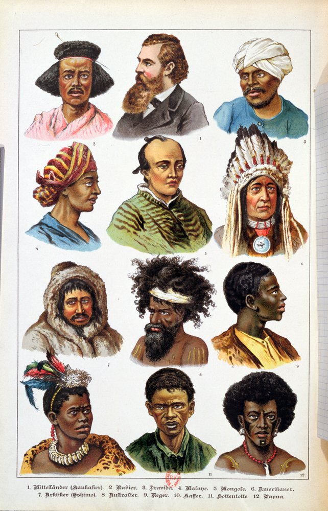 Eri ihmisrodut, Gotthelf Heinrich von Schubertin (1780-1860) teoksesta "Eläinkunnan luonnonhistoria", 1861 tekijältä German School