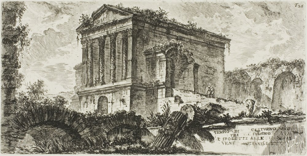 Clitumnuksen temppeli Folignon ja Spoleton välissä, levy 26 joistakin riemukaarien näkymistä ja muista monumenteista tekijältä Giovanni-Battista Piranesi