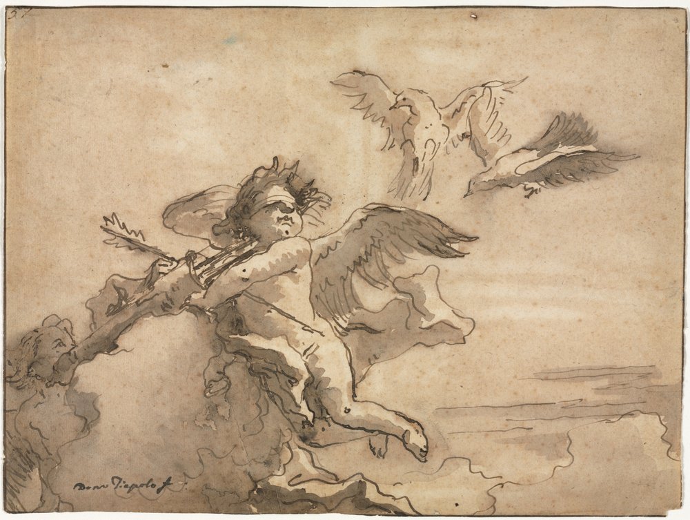 Amor sidottu silmät ja kaksi kyyhkystä tekijältä Giovanni Domenico Tiepolo