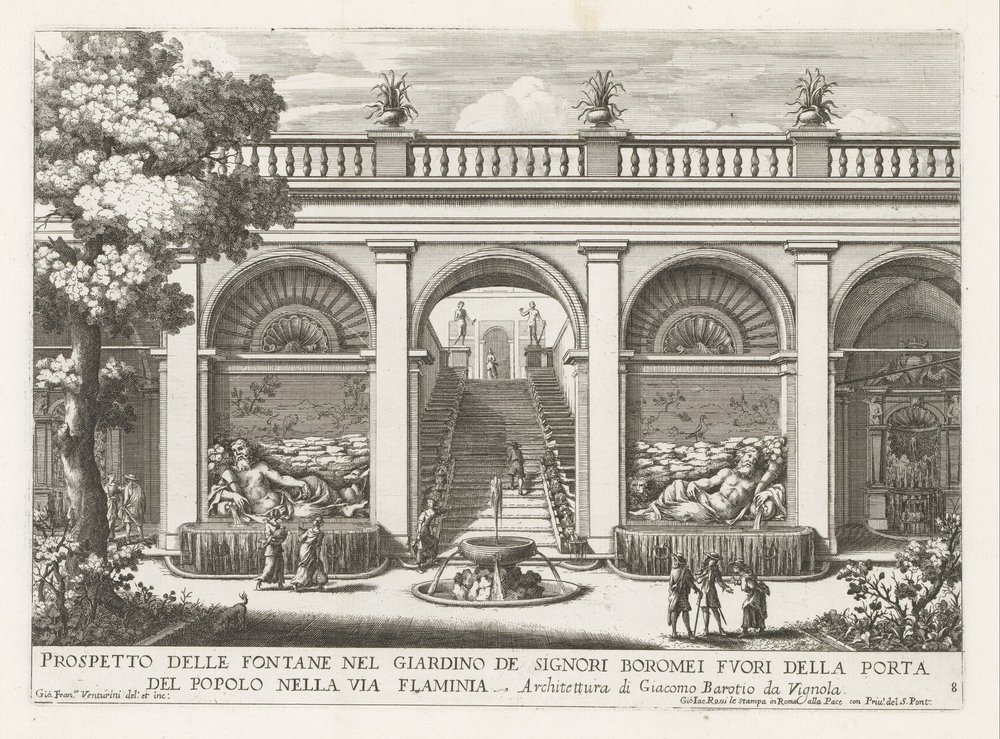 Tuin van een paleis te Rooma Esite lordi Boromein puutarhan suihkulähteistä (...) (otsikko esineessä) Suihkulähteet Rooman palatseissa ja puutarhoissa (sarjan nimi) Fonteinen in de paleizen en tuinen van Rome (sarjan nimi) tekijältä Giovanni Francesco Venturini