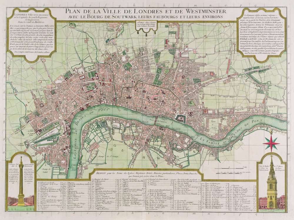 Lontoon ja Westminsterin kaupunkien suunnitelma, 1727 (käsinvärinen kaiverrus) tekijältä Guillaume Danet
