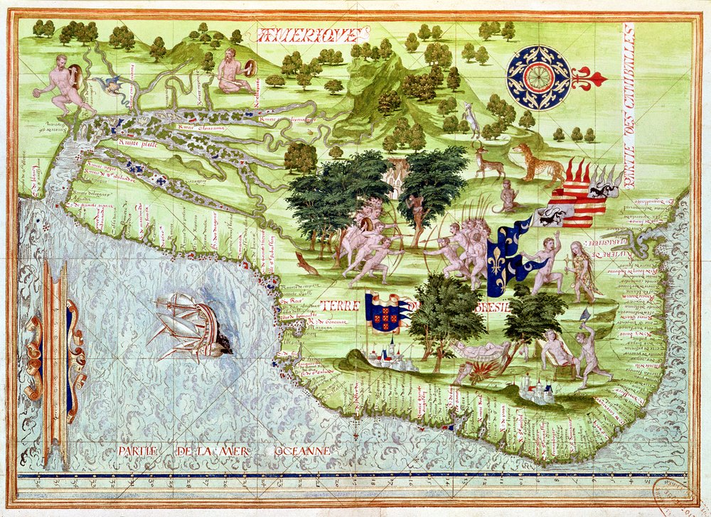 Lehti 44v, Brasilian kartta, teoksesta "Cosmographie Universelle", 1555 tekijältä Guillaume Le Testu