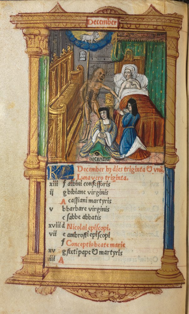 Painettu tuntikirja (Rooman käyttö): fol. 13v, joulukuun kalenterisivu. tekijältä Guillaume Le Rouge