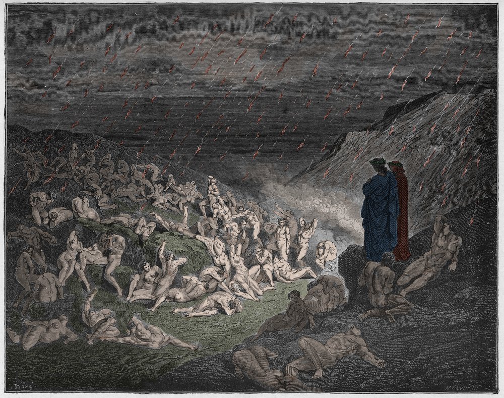 Inferno, Canto 14 : väkivaltainen, tulisateessa kidutettu, kuvitus Dante Alighierin 
