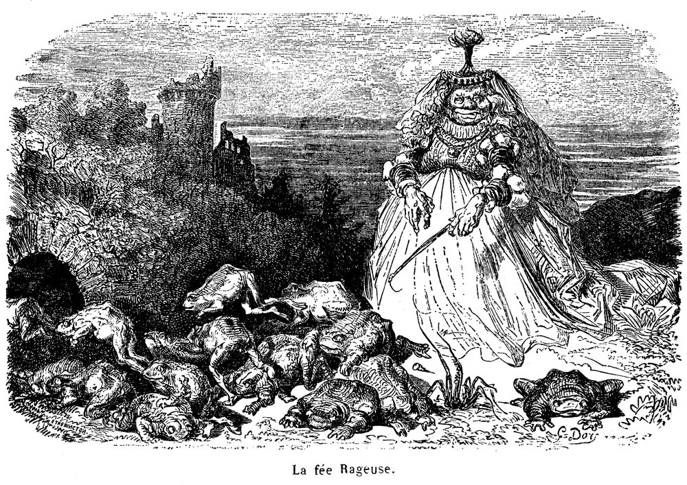 La fee Rageuse ja hänen konnalaumansa: Gustave Doren kaiverrus Segurin kreivittären tarinan Puh kuvituksena, teoksesta Uudet tarinat Fees, Hachette 1896 - tekijältä Gustave Dore