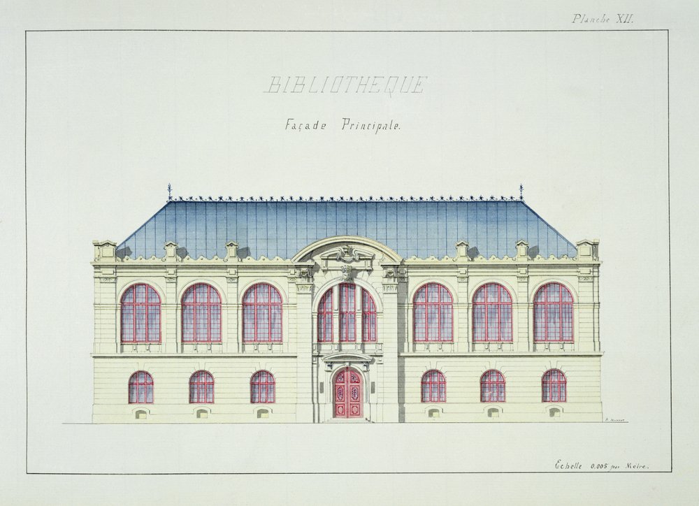 Kirjaston pääjulkisivu, levy XII mallisarjasta, noin 1870. tekijältä H. Monnot