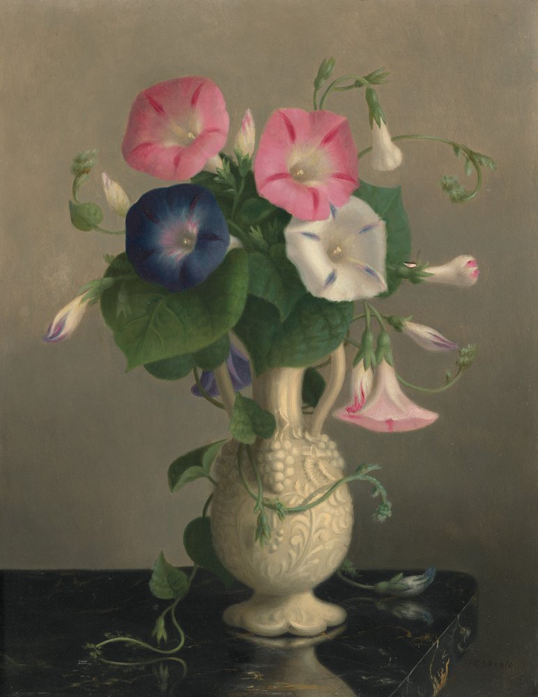 Vase of Morning Glories, n.d. (öljy puulle) tekijältä Hannah Brown Skeele