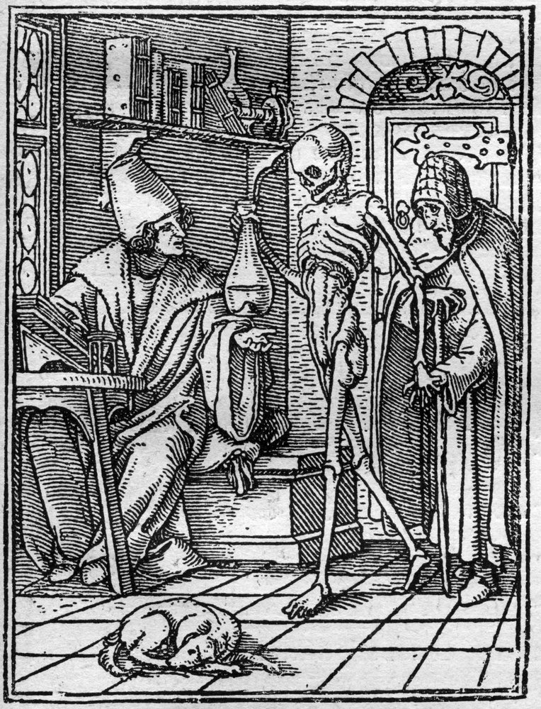 Hans Holbein nuoremman (1497-1543): lääkärin kuoleman simulakonit. Kuolema tulee lääkärin ja potilaan väliin. Kaiverrus. tekijältä Hans (after) Holbein the Younger