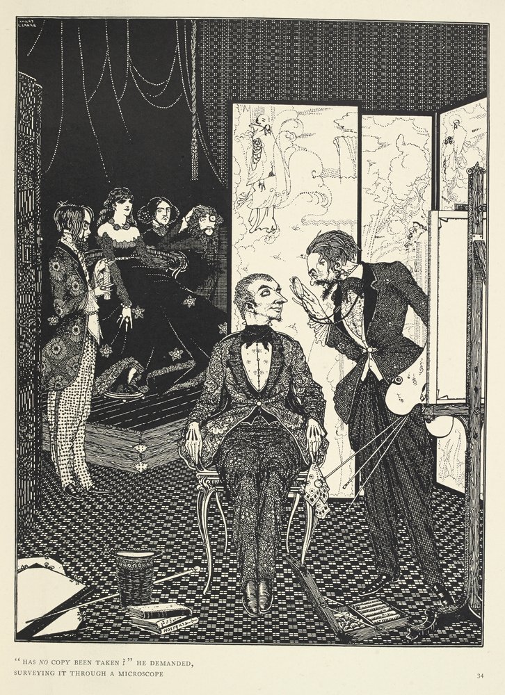 "Eikö kopiota ole otettu?" hän kysyi tutkien sitä mikroskoopilla. Kuvitus tarinalle "Paholainen kellotapulissa". tekijältä Harry Clarke