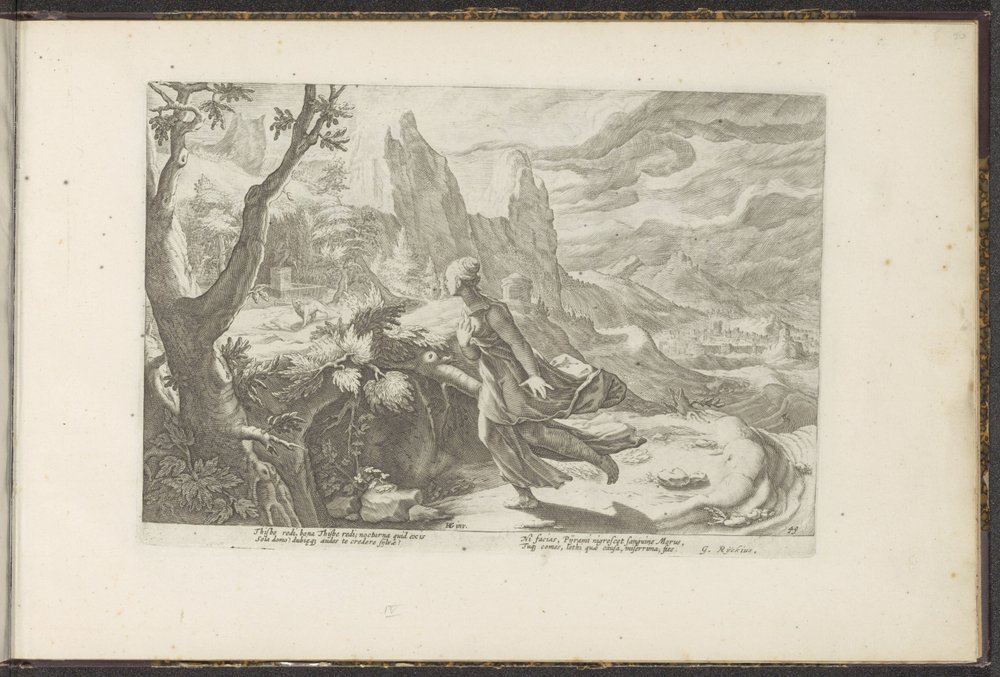 Tämä pakenee leijonaa Ovid's Metamorphoses (sarjan nimi) P. Ovidius Nason uudelleenluomukset (sarjan nimi) tekijältä Hendrick Goltzius (workshop of)