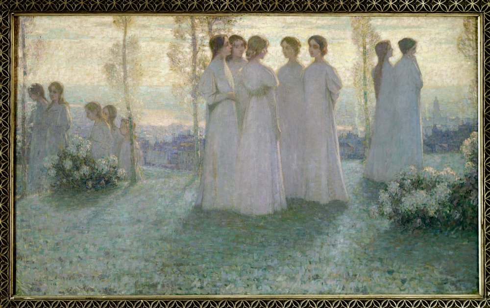 Sunnuntaina valkoisiin pukeutunut nainen puhuu puutarhassa - Henri Eugene (Henri-Eugene) Le Sidaner (1862-1939) maalaus tekijältä Henri Eugene Augustin Le Sidaner