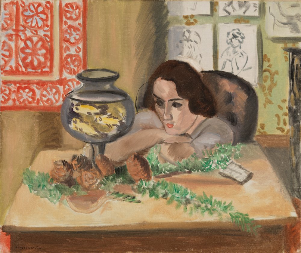 Nuori nainen akvaarion edessä (Jeune fille devant un aquarium) tekijältä Henri Matisse