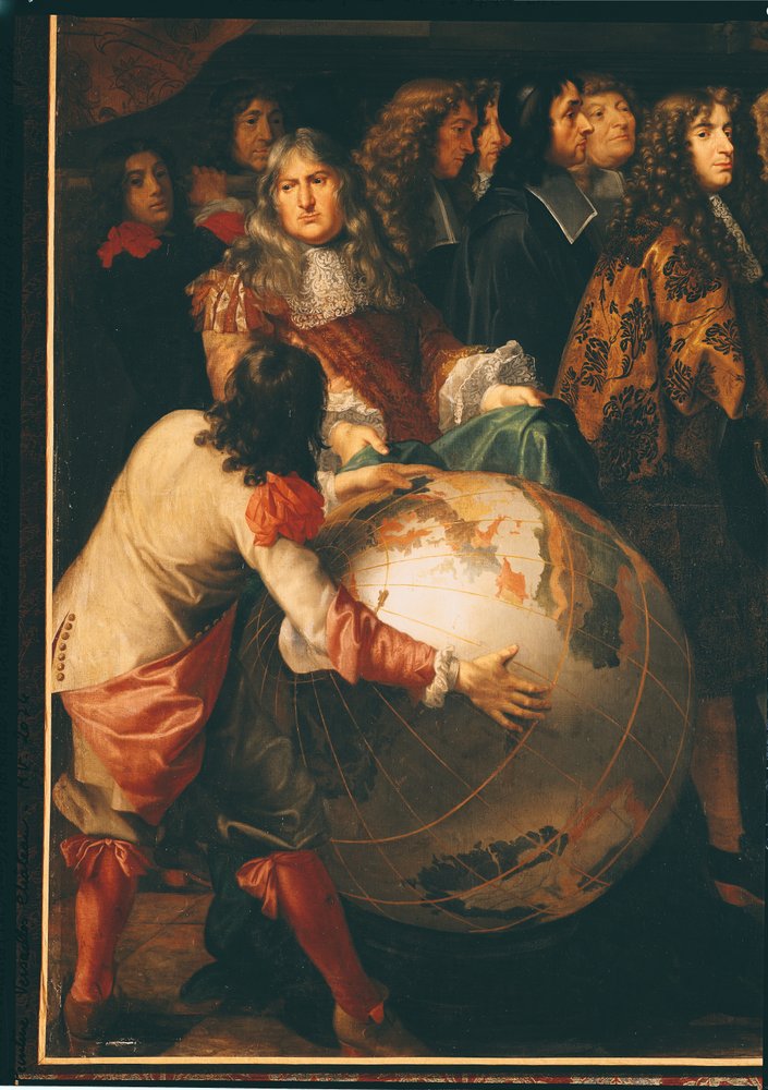 Jean-Baptiste Colbert (1619-83) esittelee kuninkaallisen tiedeakatemian jäseniä Ludvig XIV:lle (1638-1715), yksityiskohta vasemmalta, noin 1667 (yksityiskohta kuvasta 104626). tekijältä Henri Testelin