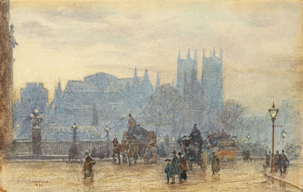 Westminster Abbey Westminsterin sillalta 1892 (akvarelli) tekijältä Herbert Menzies Marshall