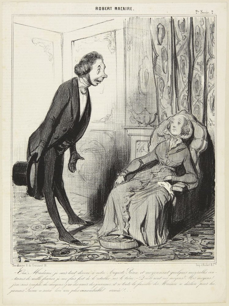 Kyllä, rouva, olen täysin omistautunut ylhäiselle ruhtinaallemme..., numero 2 Le Charivarin sarjasta Robert Macaire tekijältä Honoré Daumier