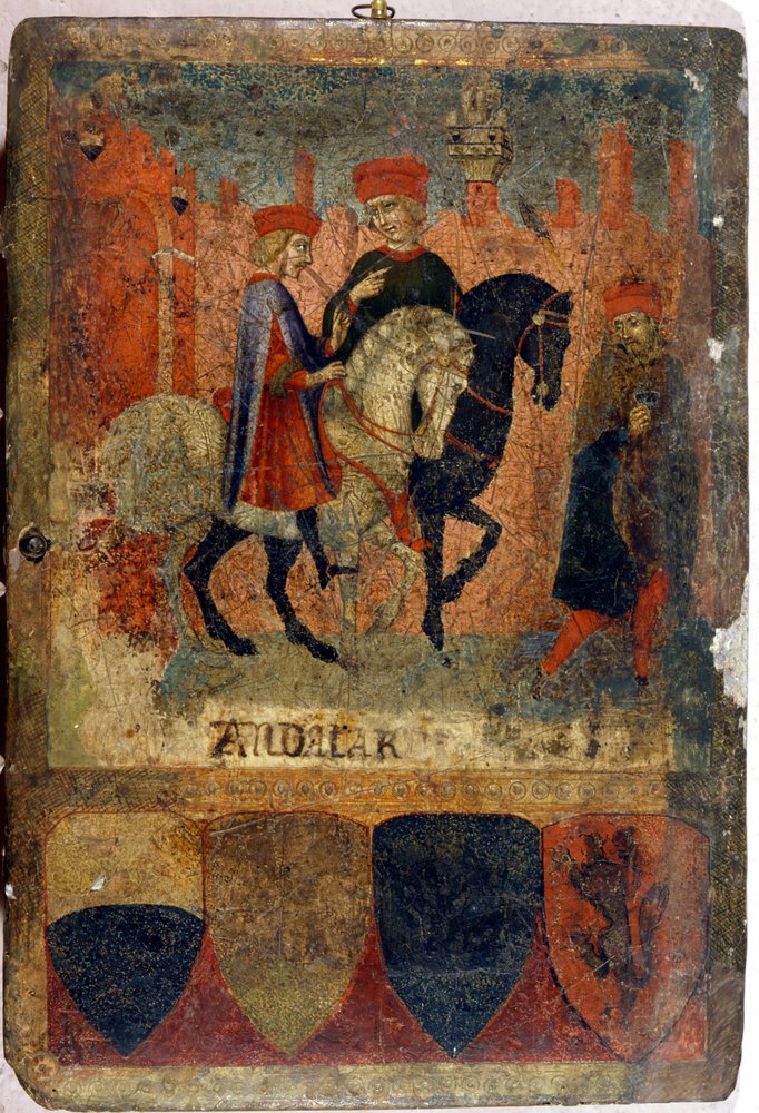Kaksi verotarkastajaa. Biccherna (Sienan kaupungin tilikirjan kansi). Valtionarkisto - Museo delle Tavolette di Biccherna, Siena. 1300-luvun loppu - 1400-luvun alku. tekijältä Italian School