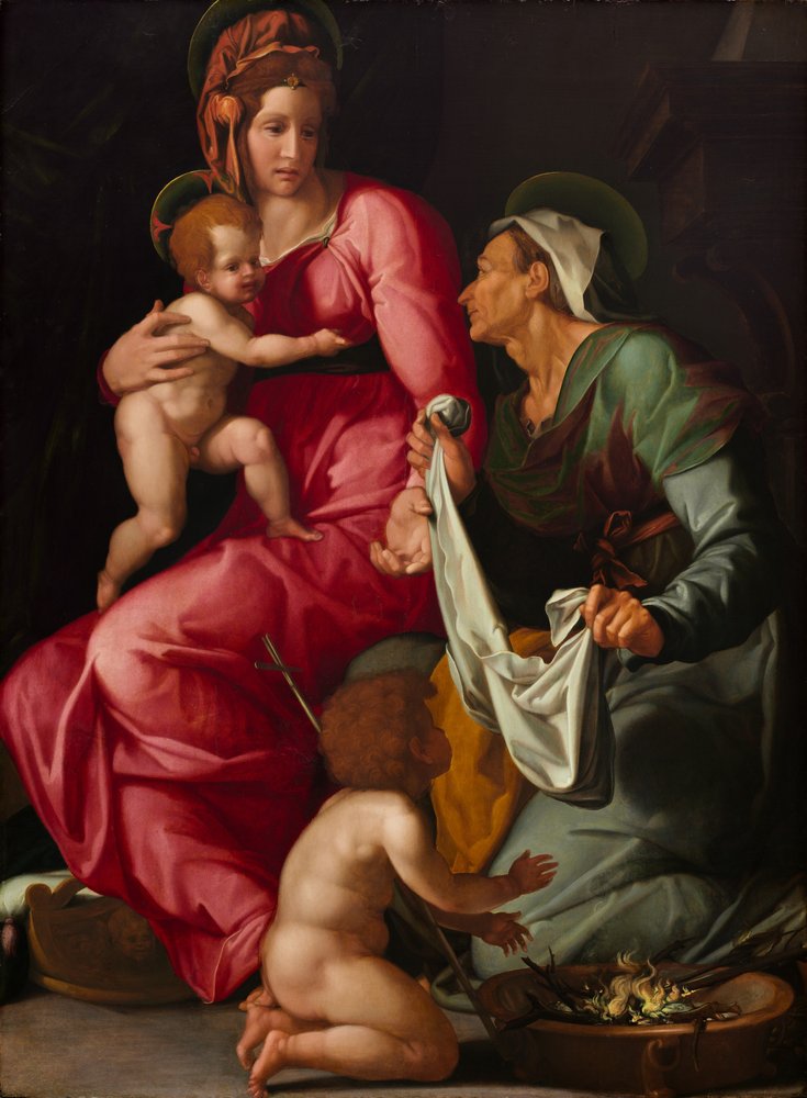 Madonna ja lapsi Pyhän Elisabetin ja Pyhän Johannes Kastajan kanssa, n. 1535 (öljy paneelissa) tekijältä Jacopino del Conte