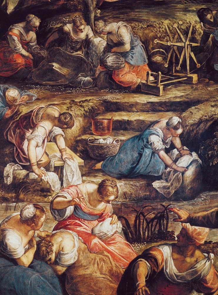 Mannan ihmeellinen pudotus, yksityiskohta naisten työstä tekijältä Jacopo Robusti Tintoretto