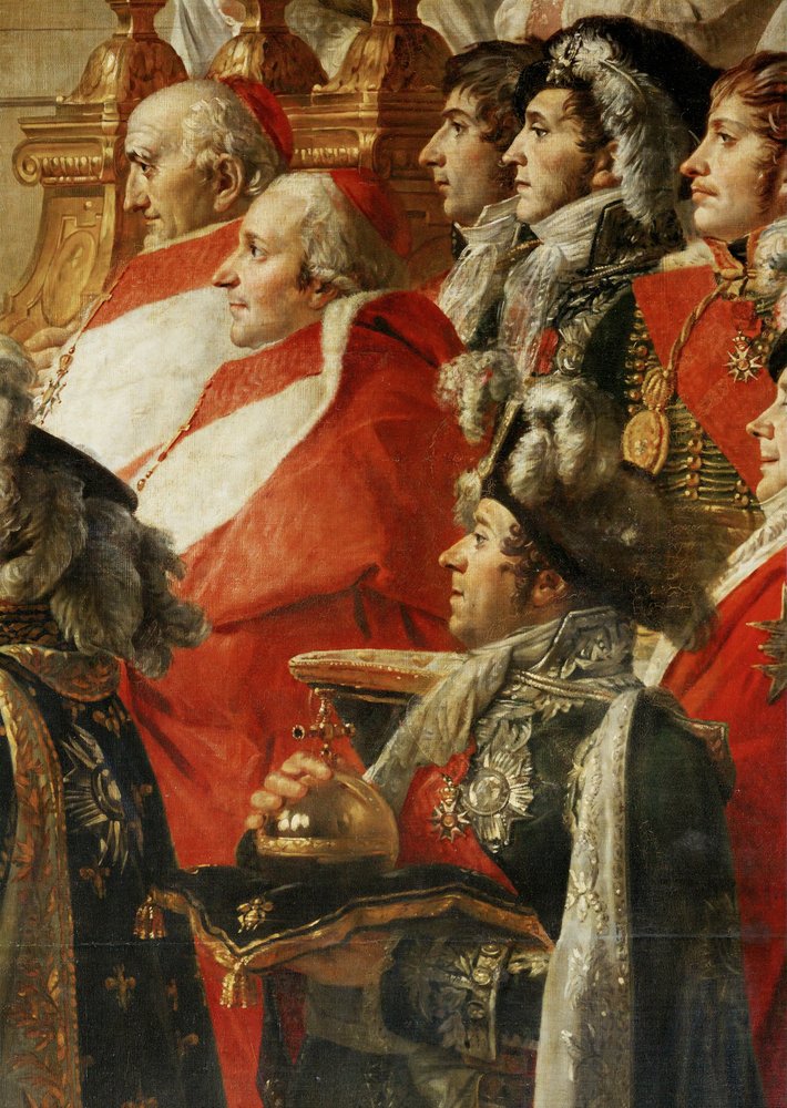 Napoleon I:n kruunaaminen paavi Pius VII:n toimesta Pariisin Notre-Damen katedraalissa ... tekijältä Jacques Louis David