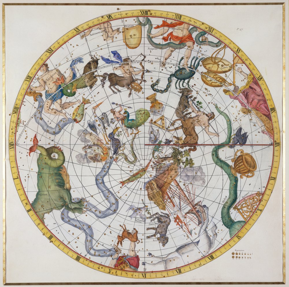 Kuvataulu 27 John Flamsteedin (1646-1719) teoksesta "Atlas Coelestis", julkaistu 1729 tekijältä James Thornhill