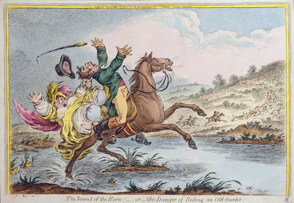 The Sound of the Horn, or The Danger of Riding an Old Hunter, julkaissut Hannah Humphrey 1807 (käsin väritetty etsaus). tekijältä James Gillray