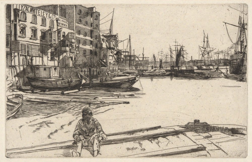 Eagle Wharf (Tyzac, Whiteley & Co.), Thames-sarjasta (kuudentoista Thames-joen näkymiä ja muita aiheita esittävän etsauksen sarja) tekijältä James McNeill Whistler