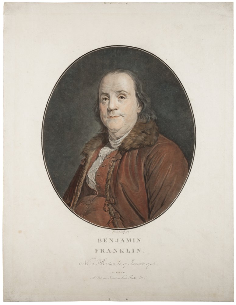 Benjamin Franklin, n. 1789 (käsinvärinen mezzotint) tekijältä Jean-Francois Janinet