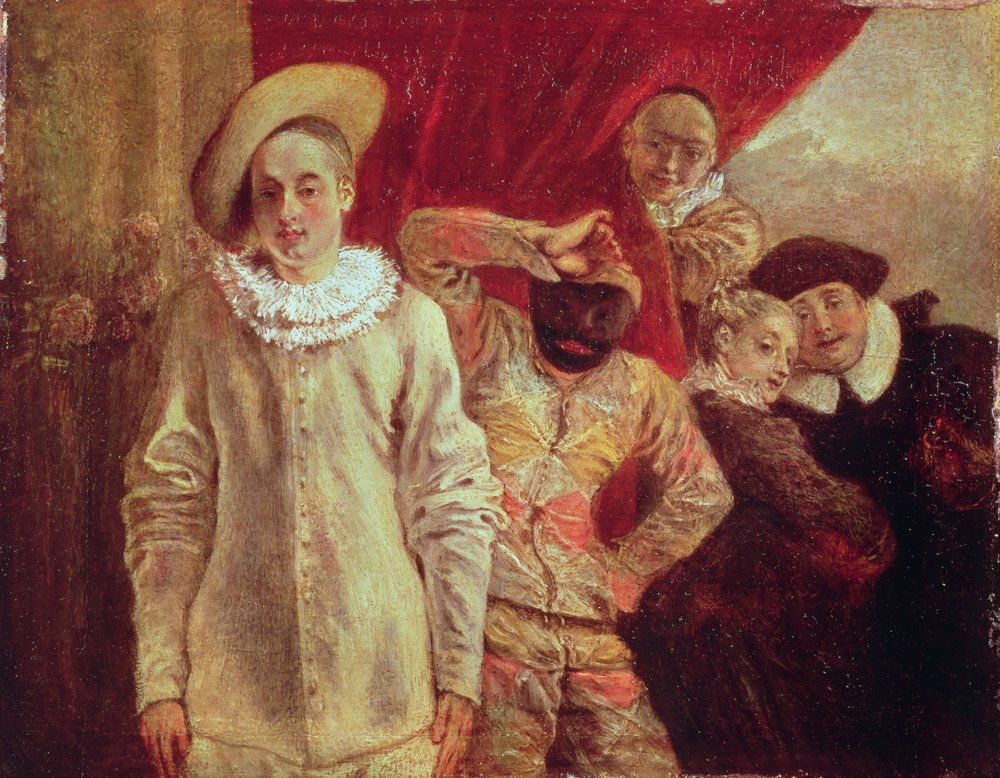 Harlekiini, Pierrot ja Scapin, Commedia dell'Arten näyttelijöitä tekijältä Jean-Antoine Watteau
